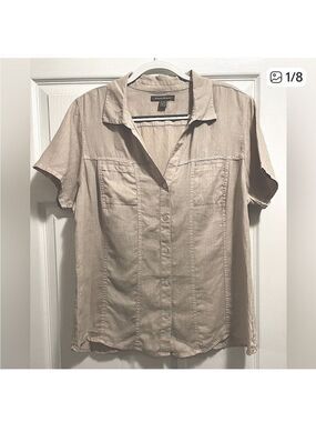 Tommy Bahama 100% Linen Women's Short Sleeve Button Up V-Neck Shirt khaki Sz XL